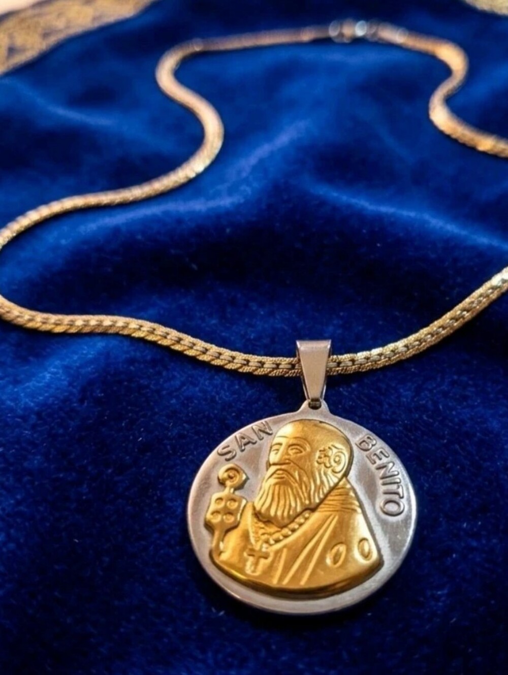 San Benito Medal Necklace Stainless Steel Gold Plated Religious Protection...